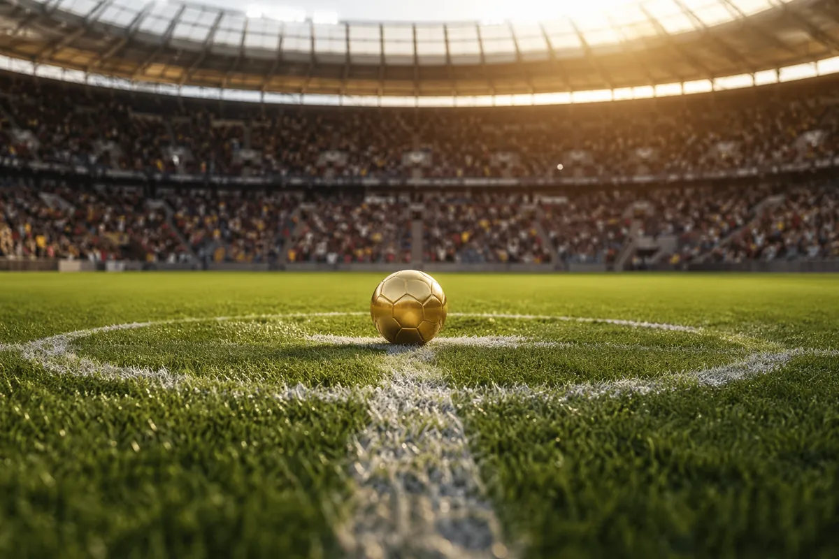 Sunlit professional football stadium with lush green pitch, blurred cheering fans in the s