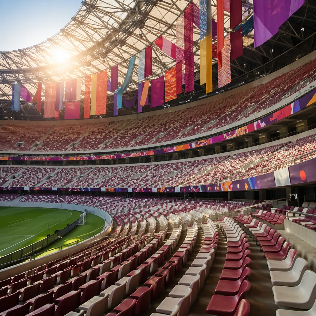 Empty modern world cup stadium seating area with colorful fan decorations hangin