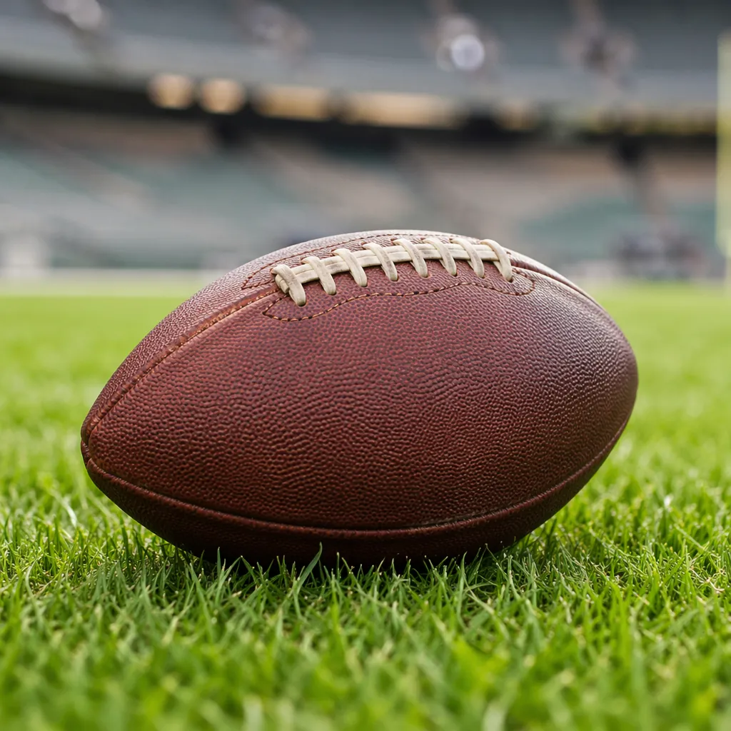 Close up of a generic leather football on well-maintained green grass, blurred s