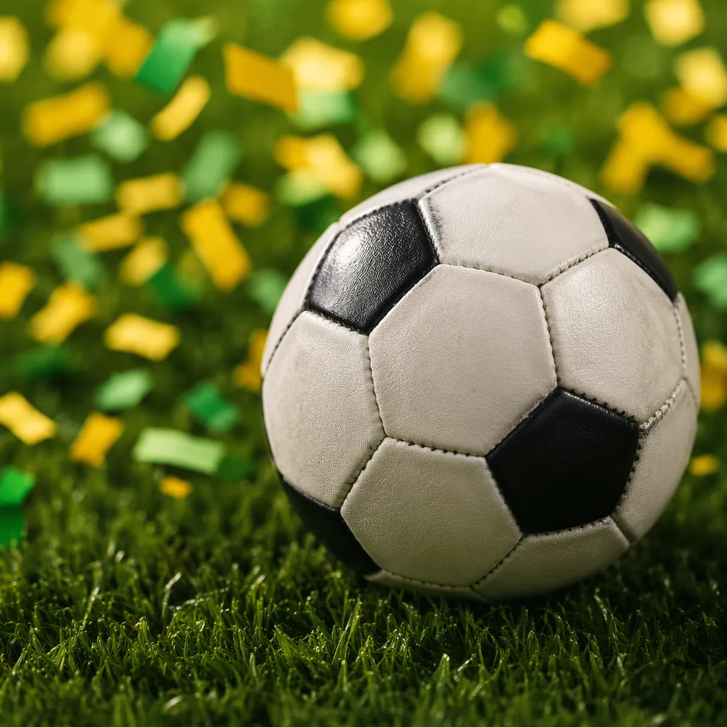 Close up shot of a standard football on green grass pitch, blurred yellow and gr