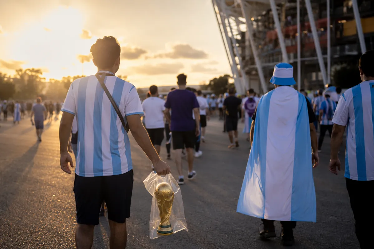 Wide shot of a generic football stadium exit at golden hour, blurred crowd of casual footb