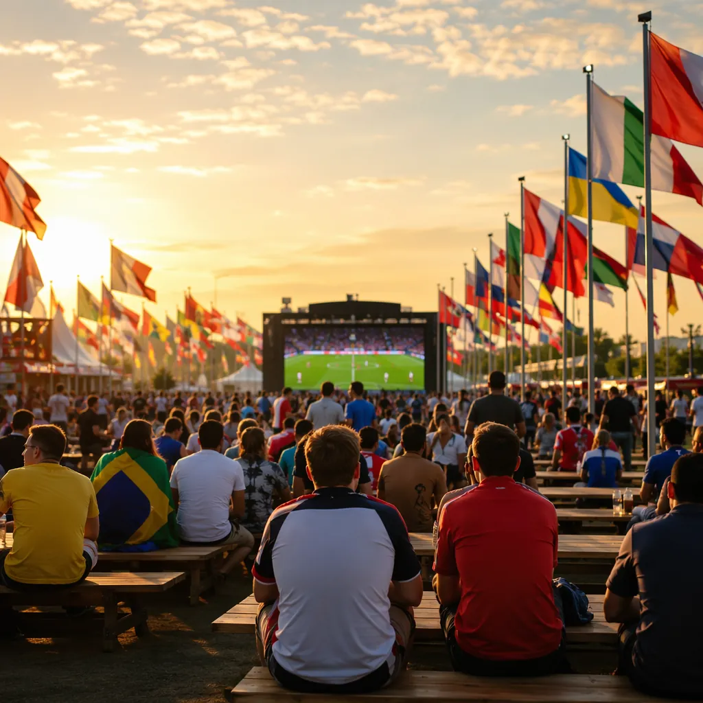 Wide shot of a generic outdoor football fan zone with colorful national flags, p