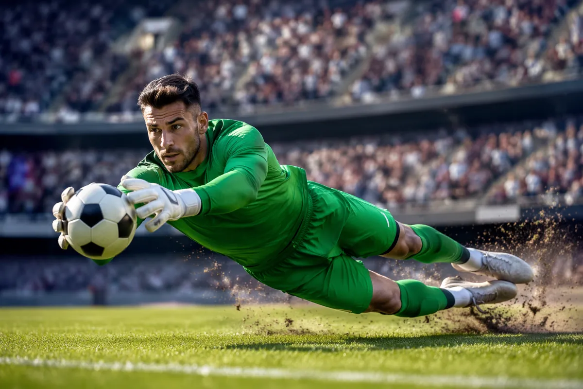 Wide shot of a professional football goalkeeper in a generic unbranded green jersey making