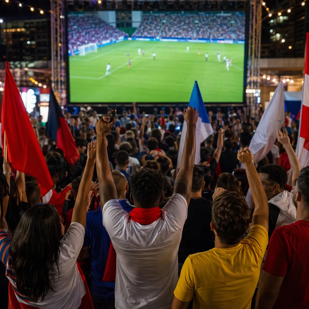 Wide shot of a diverse group of football fans watching a match on a big screen i
