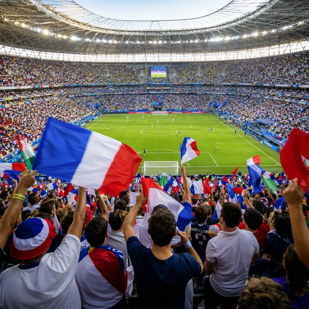 Wide shot of packed football stadium during World Cup match, cheering fans in th