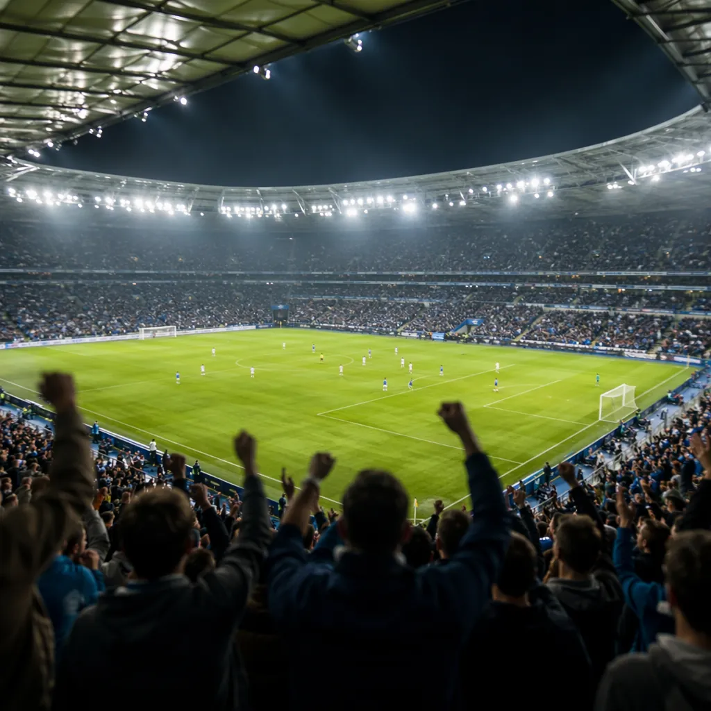 Wide shot of a modern soccer stadium interior during a match, blurred crowd of f