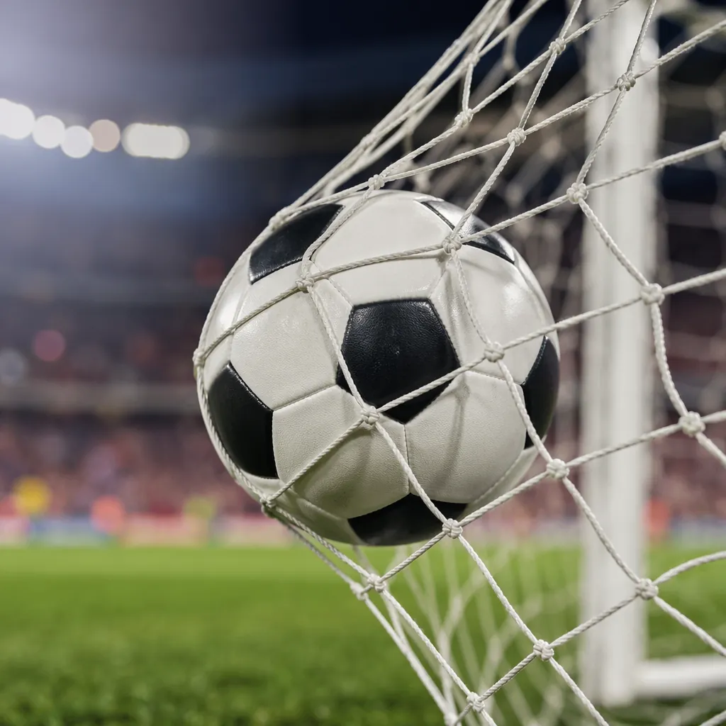 Close up shot of a football crossing the goal line into the white net, blurred s