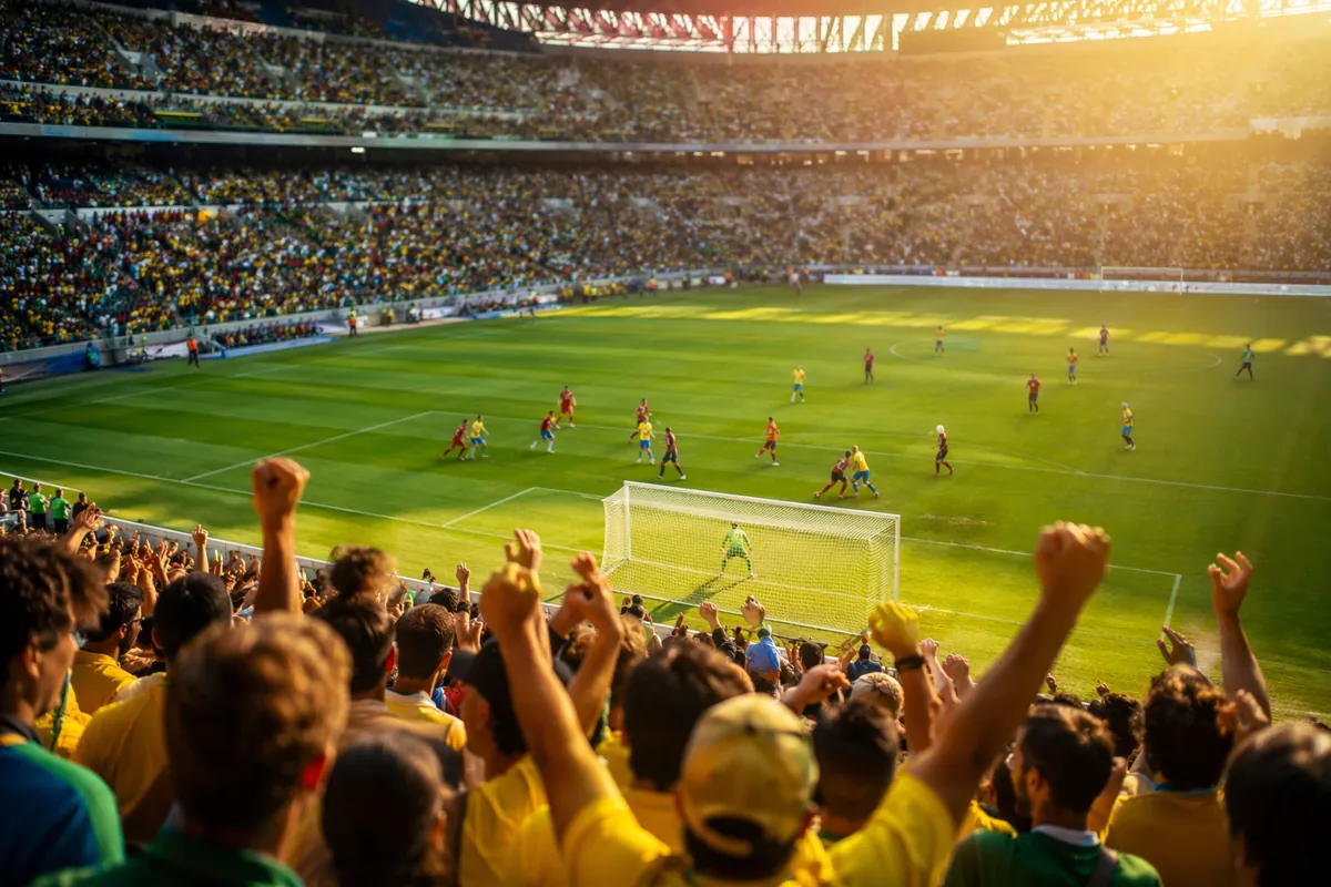 Professional sports news header image, wide shot of a packed football stadium during World