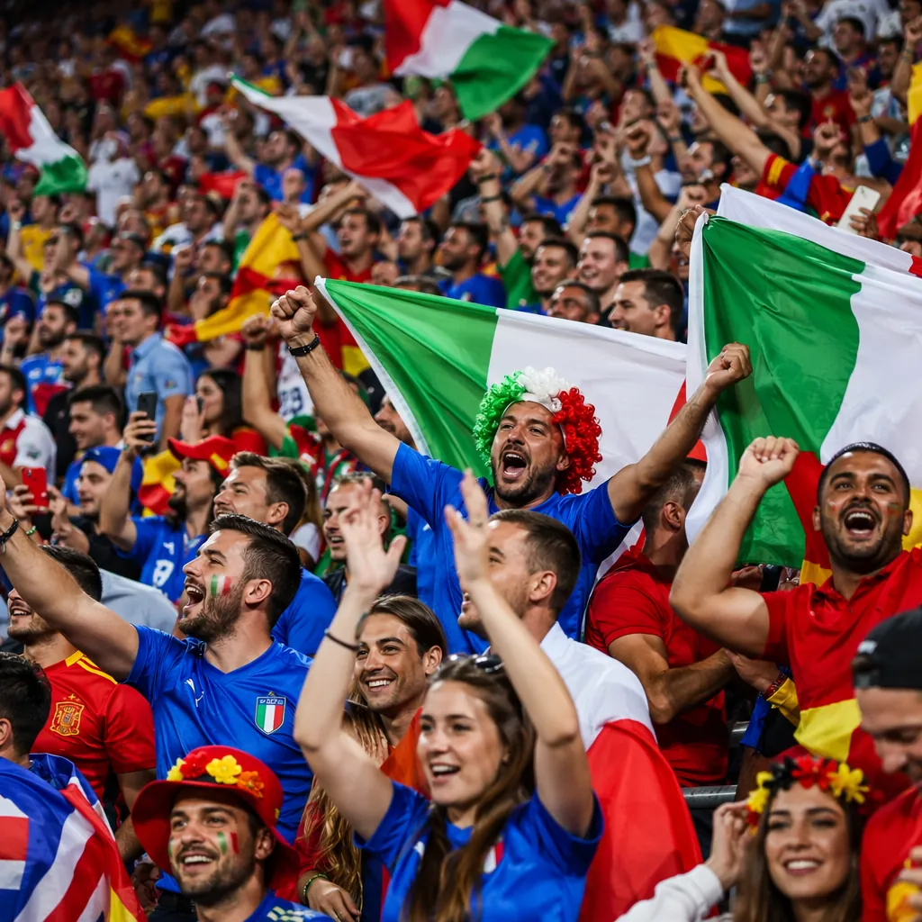 Wide shot of football fans celebrating in the stands, waving national flags, col