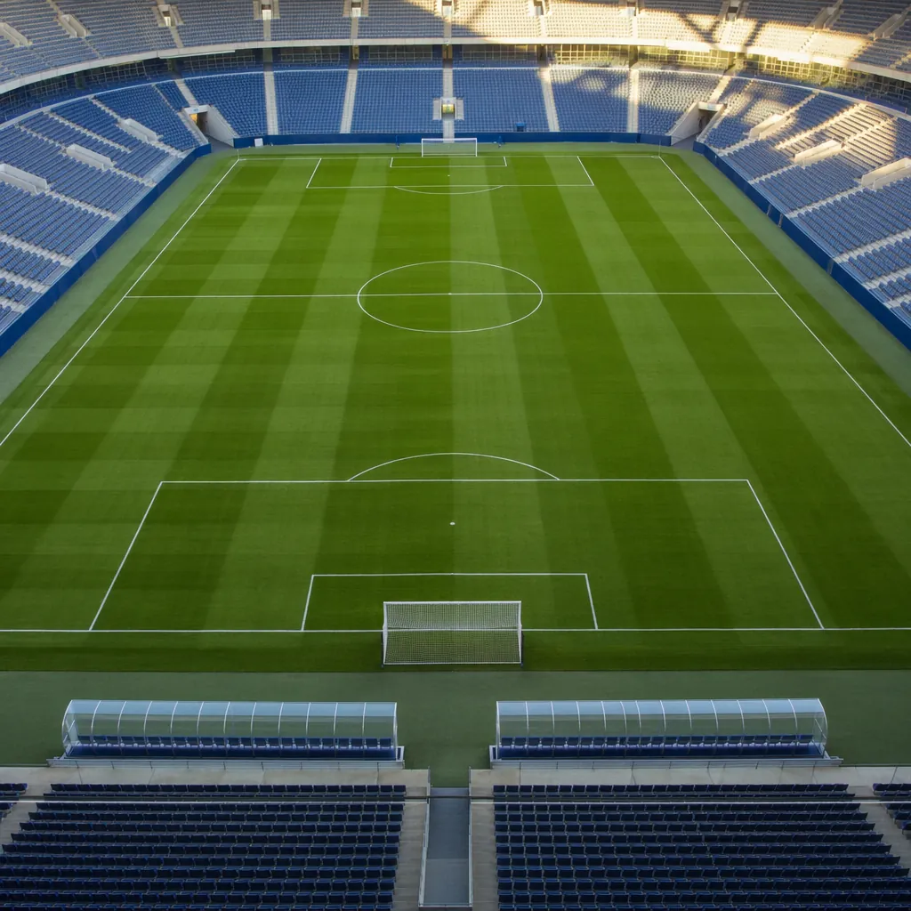 High-angle shot of a World Cup football pitch before kickoff, with empty player