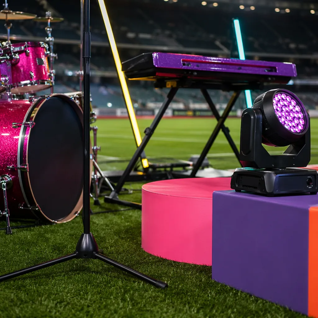 Close-up of colorful halftime show stage equipment placed on a well-maintained f