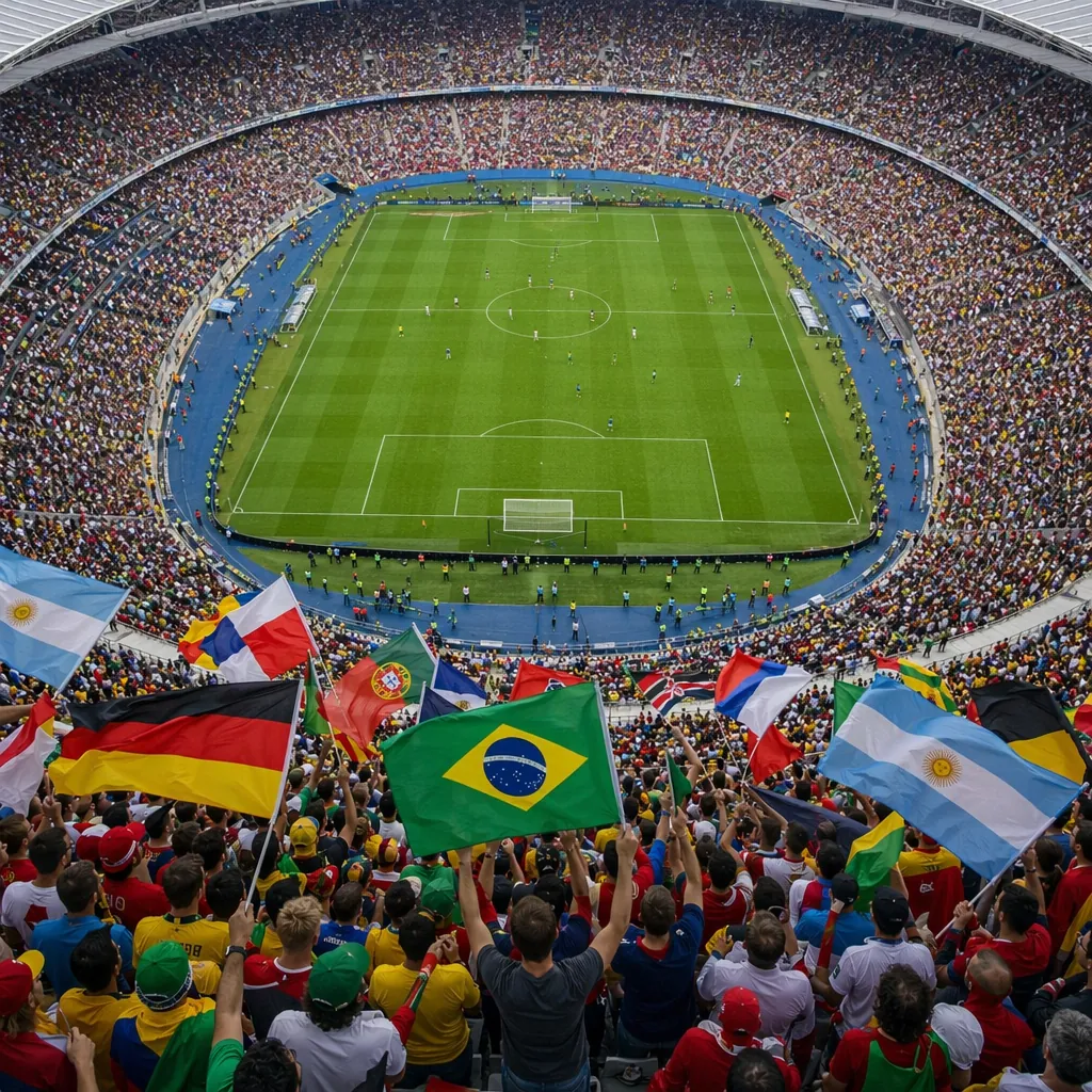 Overhead view of a large football stadium with fans waving colorful national fla