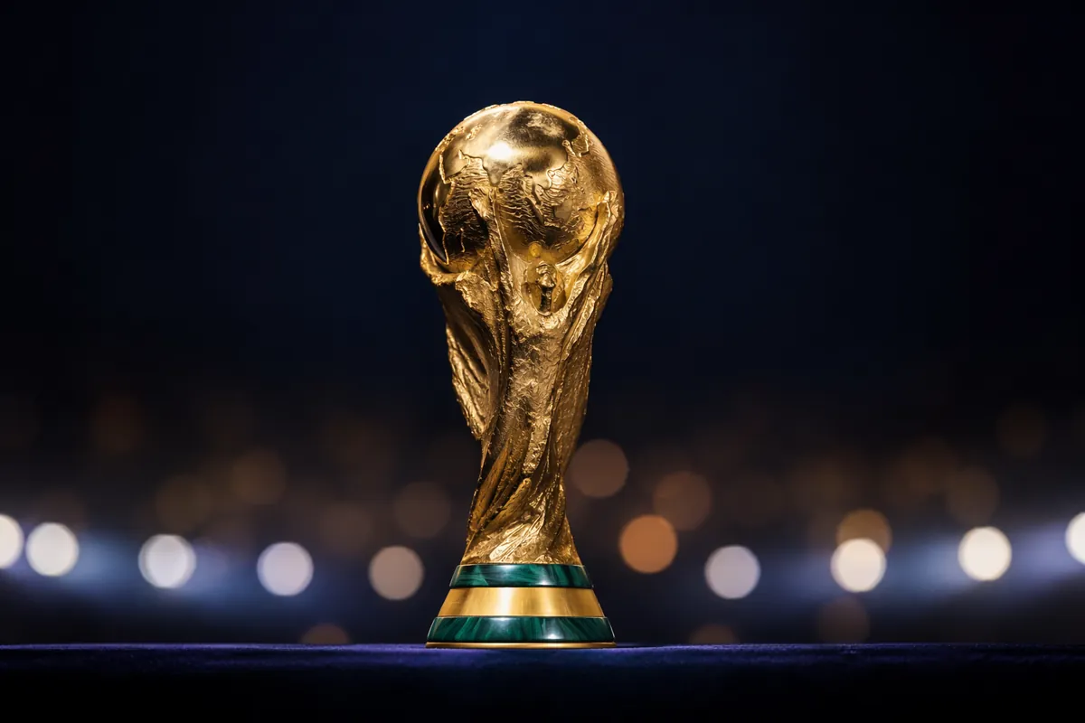 Golden FIFA World Cup trophy placed on a dark navy background, soft bokeh of stadium light