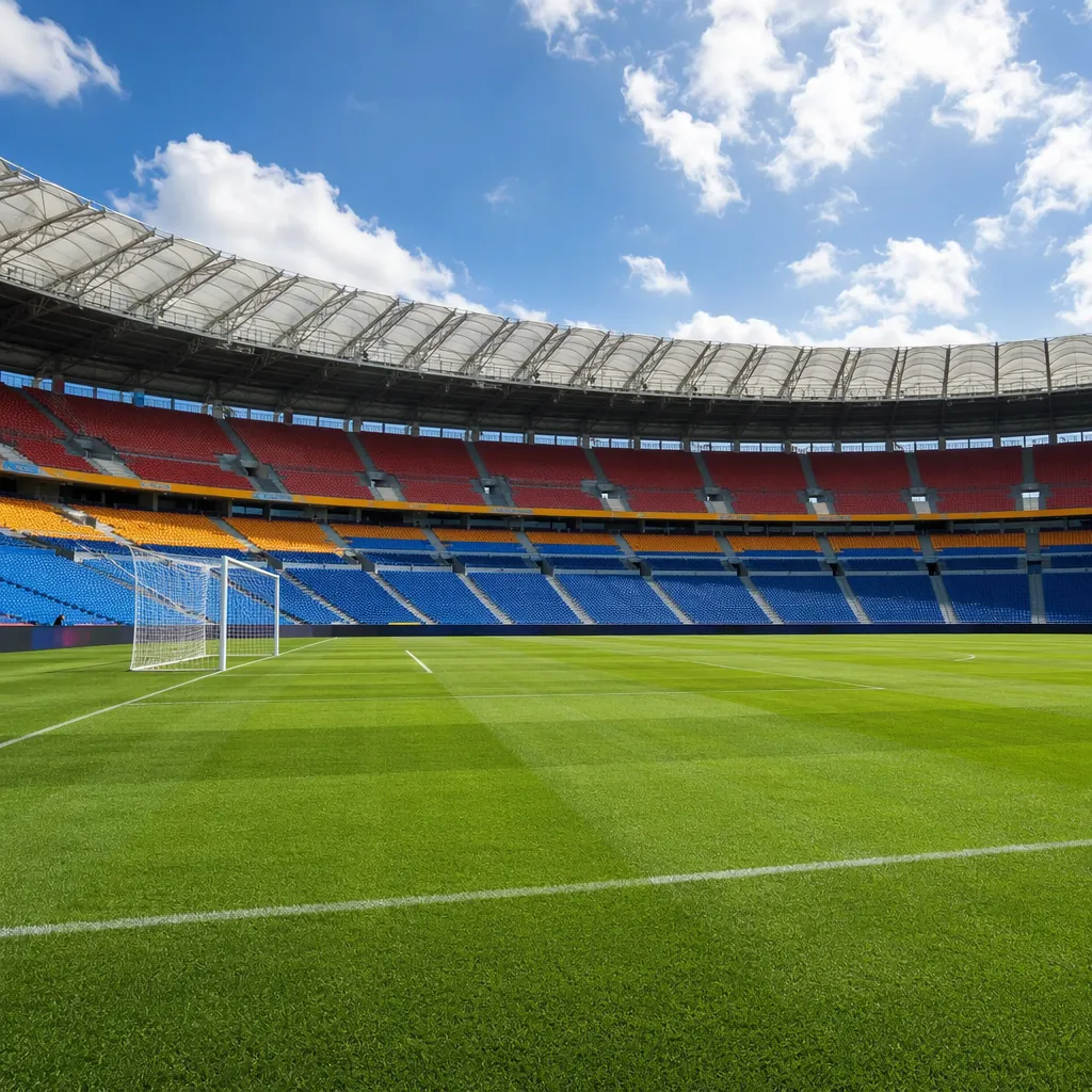 Wide shot of well-maintained green football pitch in a large stadium, empty goal