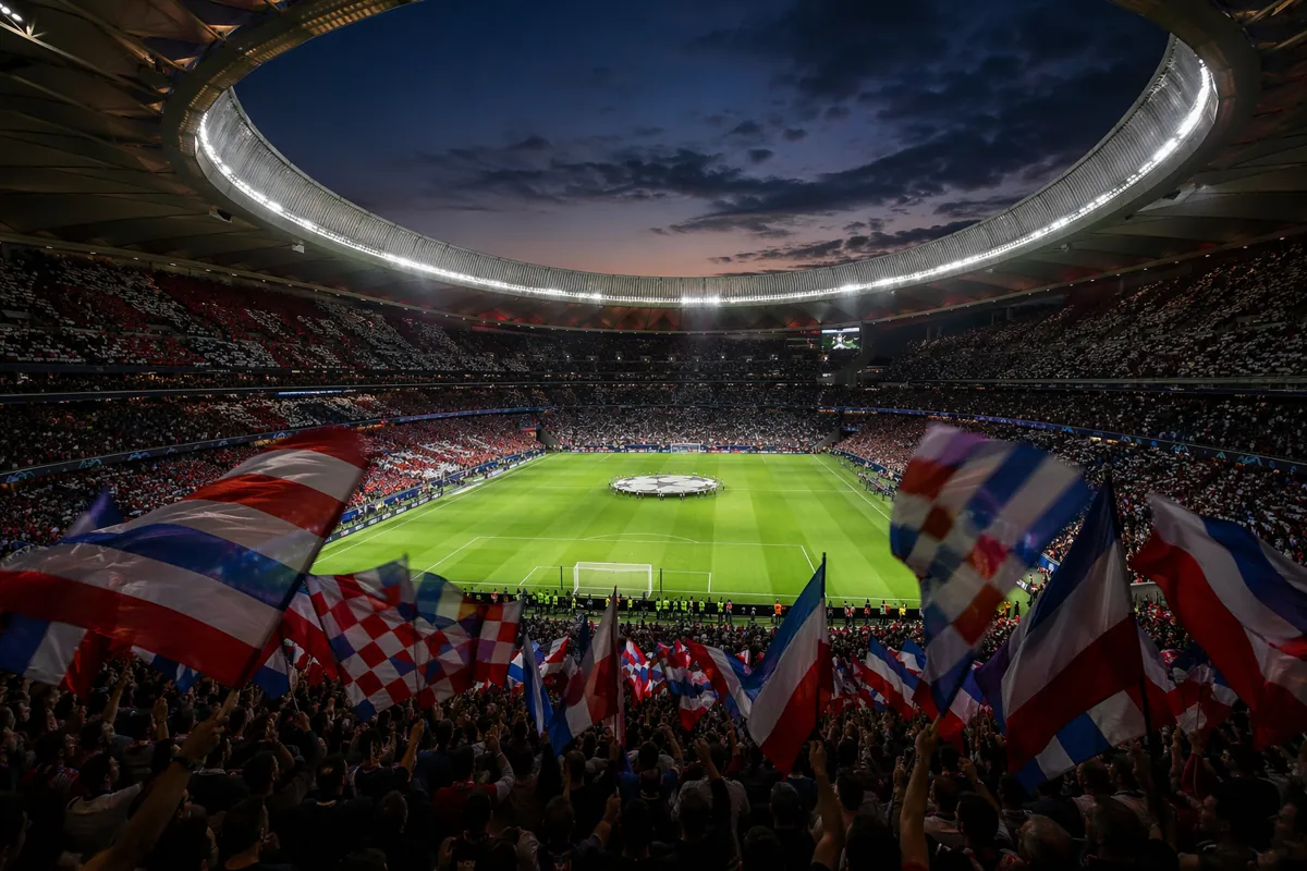 Wide shot of a packed modern football stadium at dusk, vibrant fan flags waving, bright st