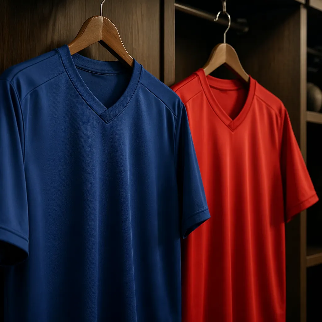 Close up of two plain football jerseys hanging side by side in a locker room, so