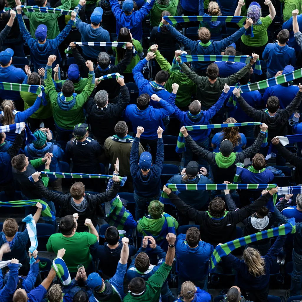 High angle shot of football fans in stadium stands cheering, wearing blue and gr