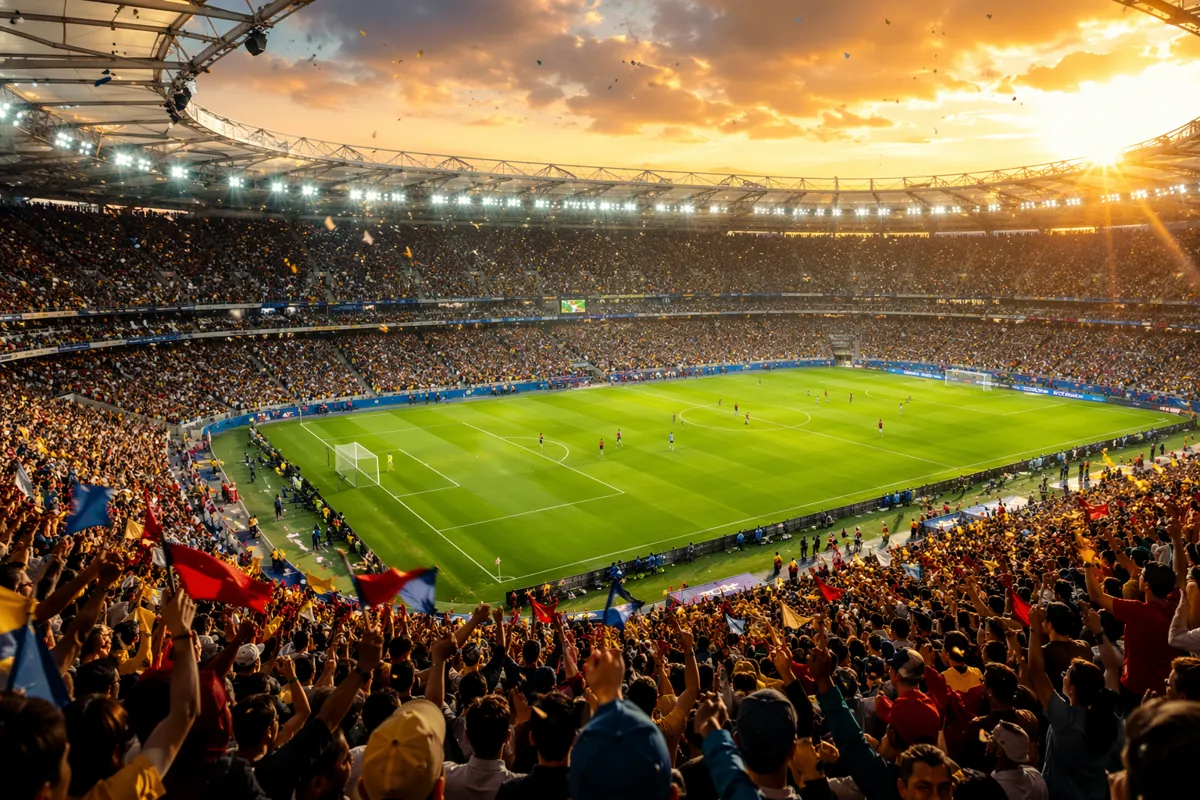 Wide shot of a professional football stadium during a World Cup match, bright stadium ligh