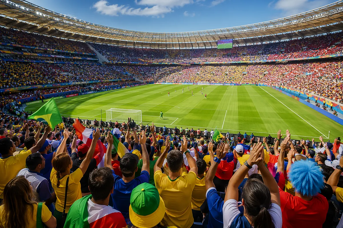 Wide shot of a sunlit World Cup football stadium with cheering fans in colorful jerseys, g