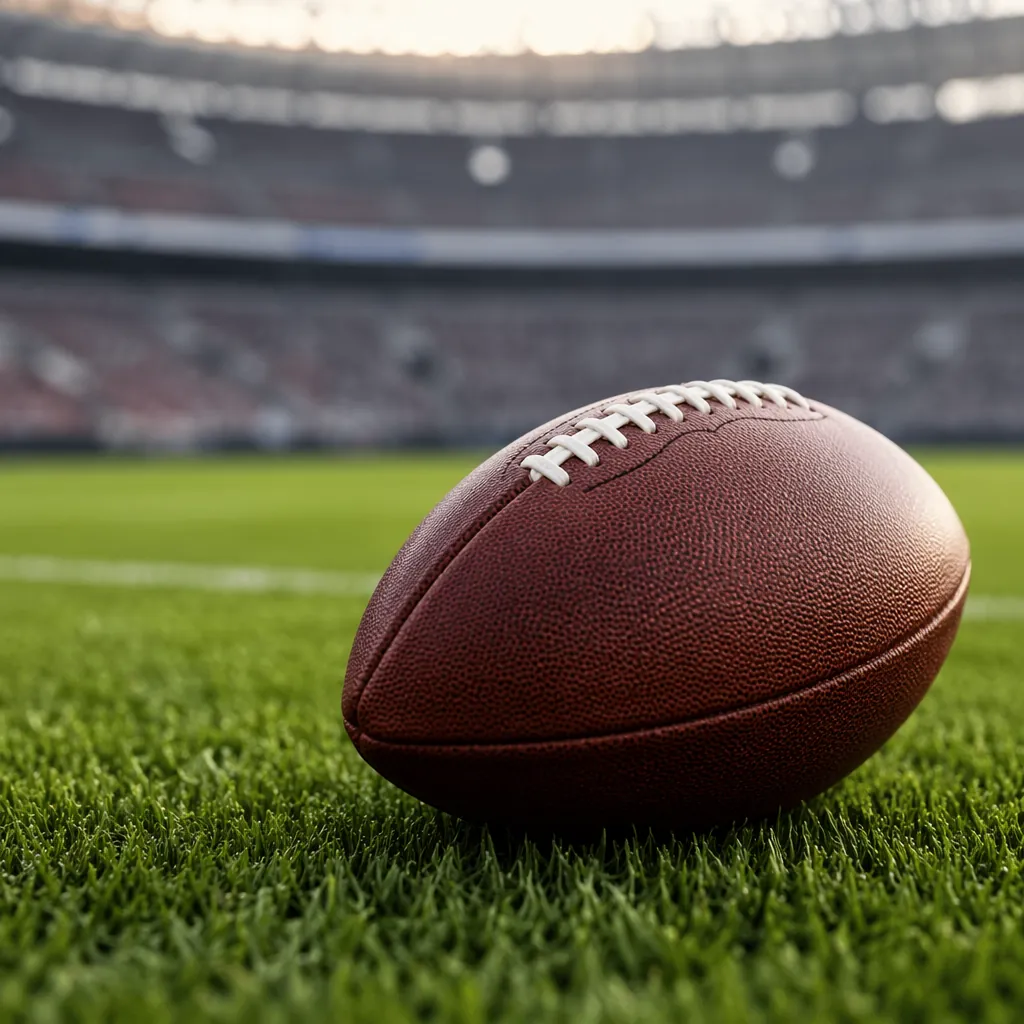 close up of a generic football on a green pitch with blurred stadium seats in th