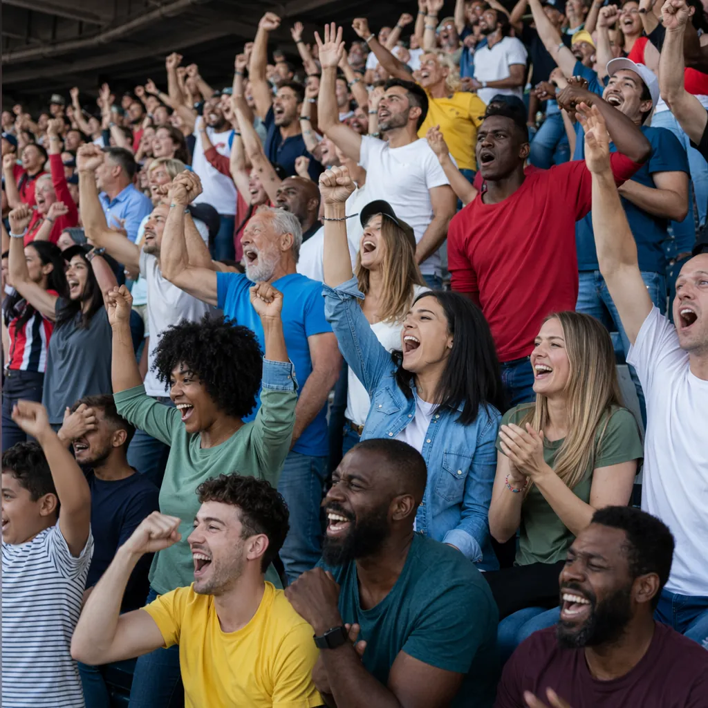 wide shot of a diverse group of football fans cheering in stadium stands, wearin