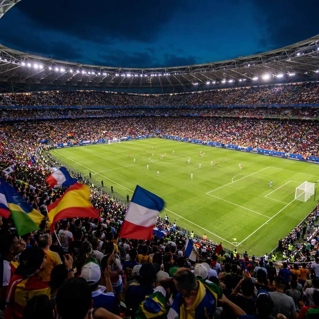 Wide shot of packed soccer stadium during international match, fans waving color