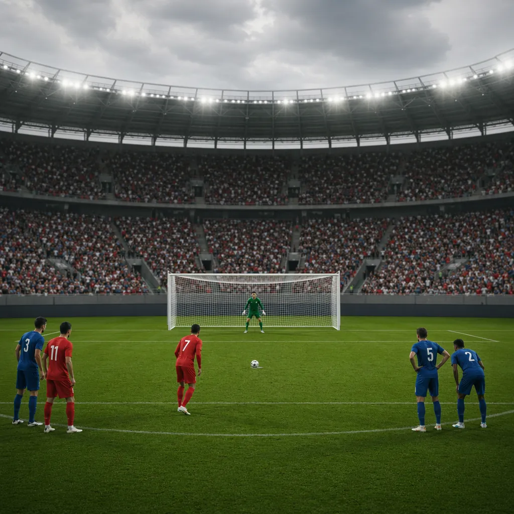 Wide shot of a world cup stadium penalty area during a match, with players in ge
