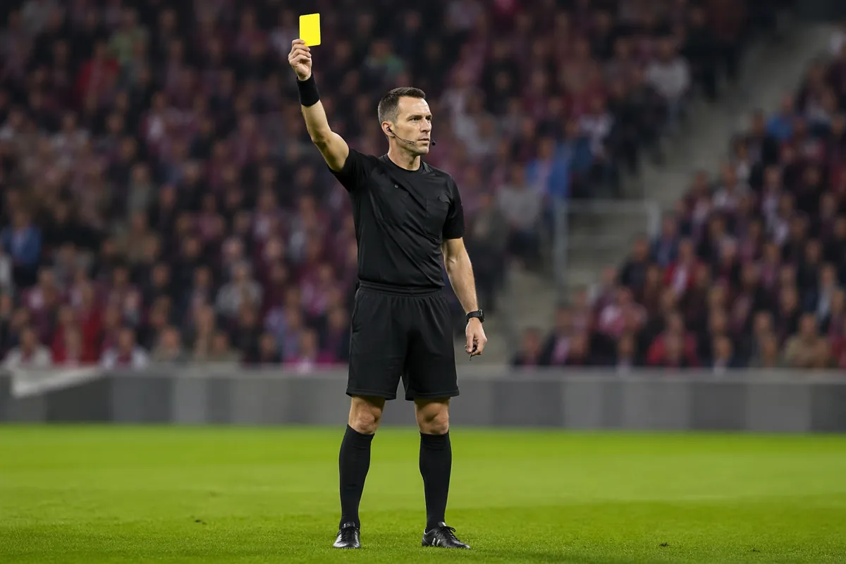 Professional sports news photo of a football referee standing on a green pitch holding a y