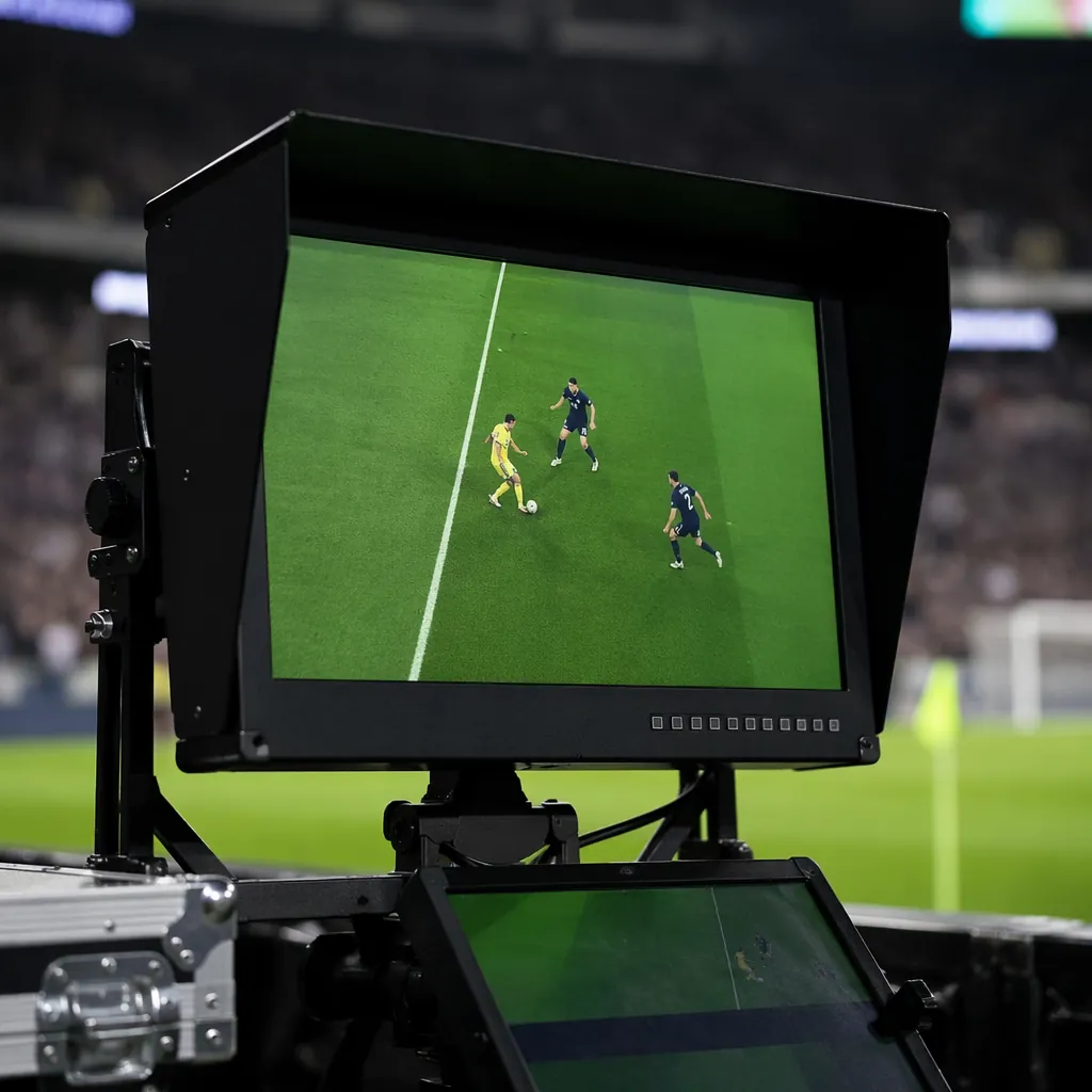 Close-up of a VAR operation monitor at the edge of a football stadium, soft stad