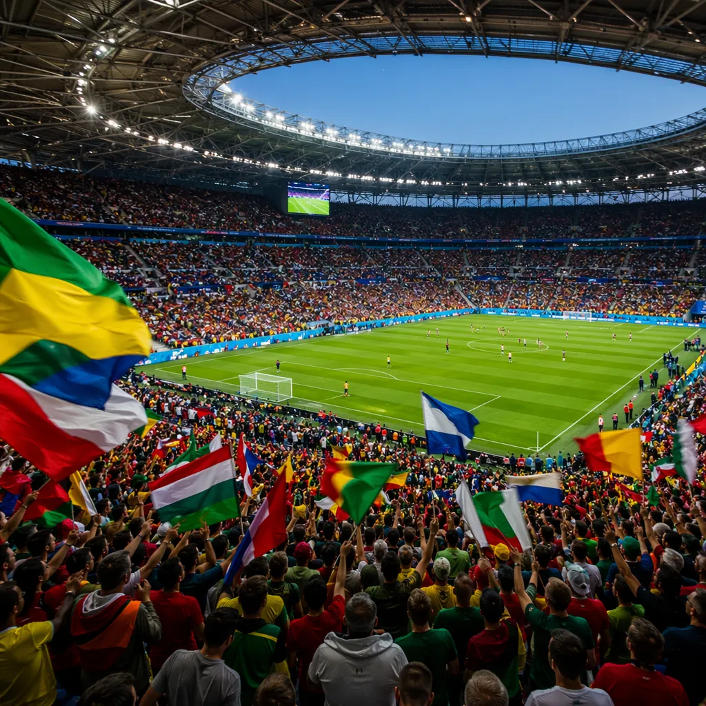 Wide shot of a vibrant football stadium crowd during a pre-tournament warm-up ma