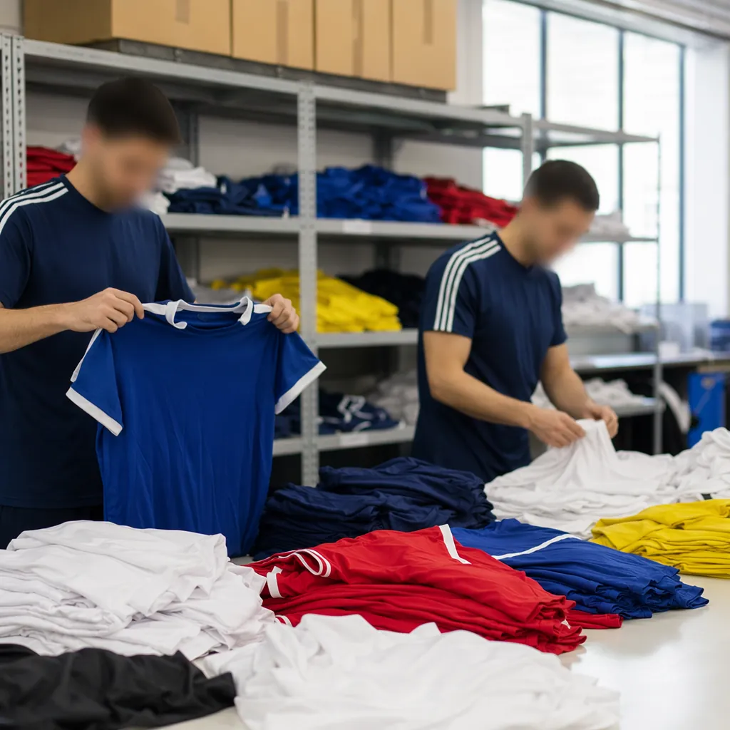 Two unrecognizable sports equipment staff sorting out piles of plain football je