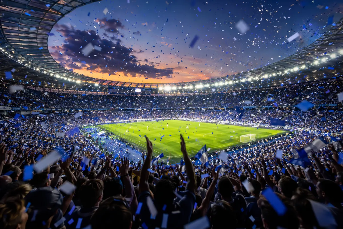 Wide shot of a vibrant football stadium at dusk, blue and white confetti falling over chee