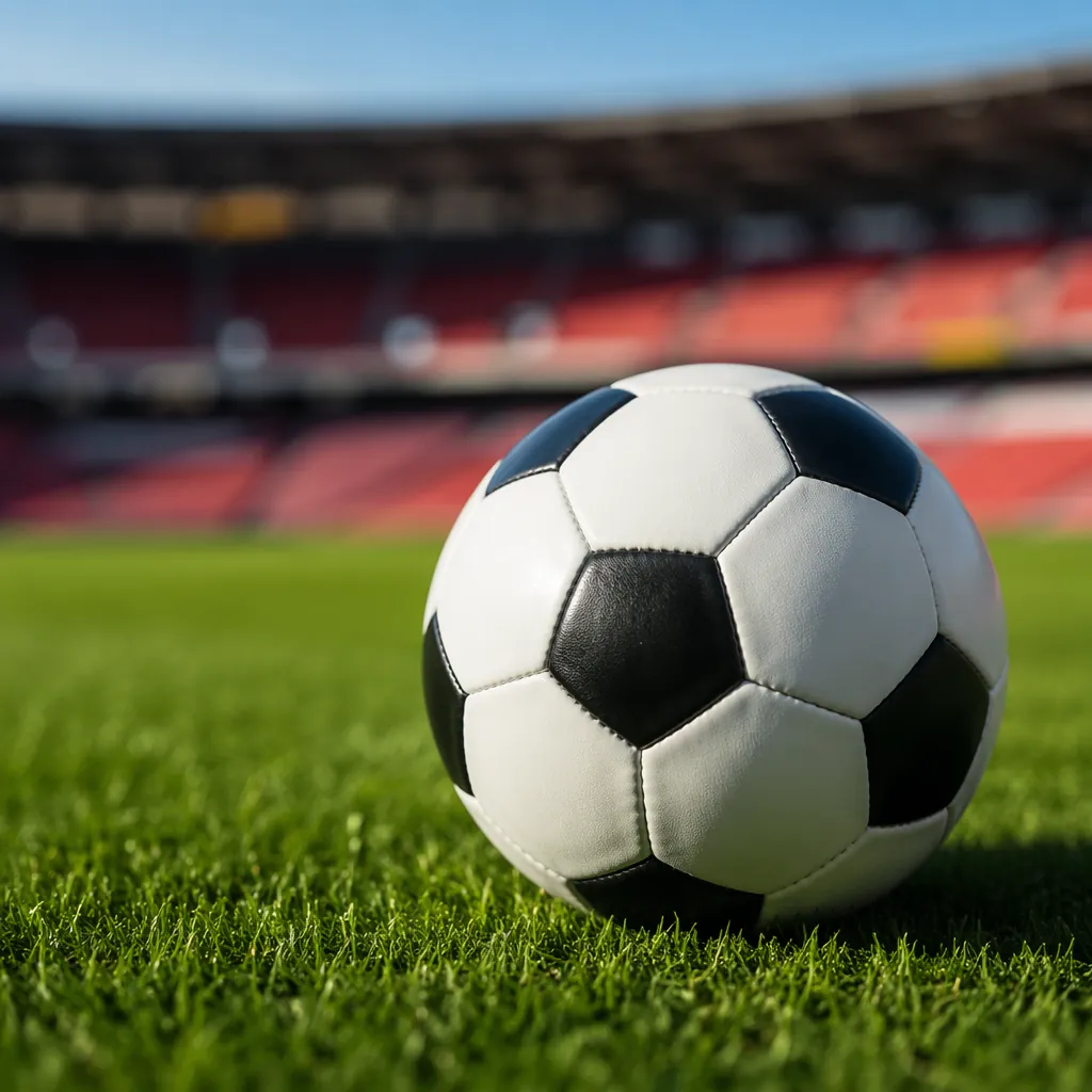 Close up shot of a football on a perfectly manicured green pitch, with blurred s