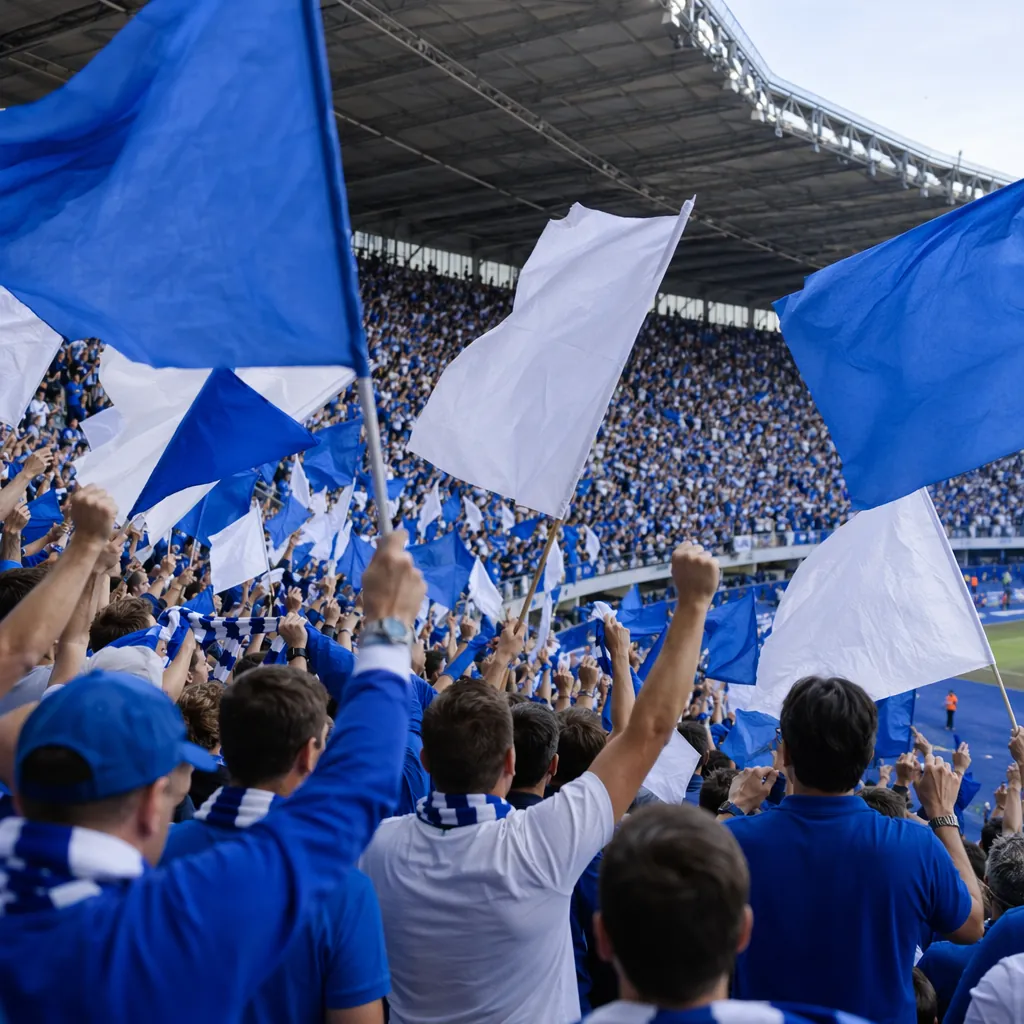 Wide shot of a group of football fans celebrating in the stands, wearing blue an