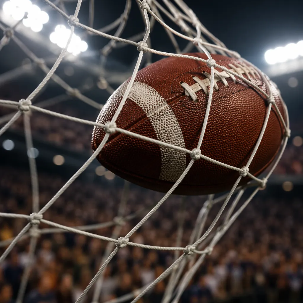 Close up shot of a football flying into the back of a goal net, blurred backgrou