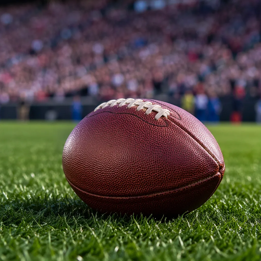 Close up shot of a standard football rolling on well-maintained stadium grass, b