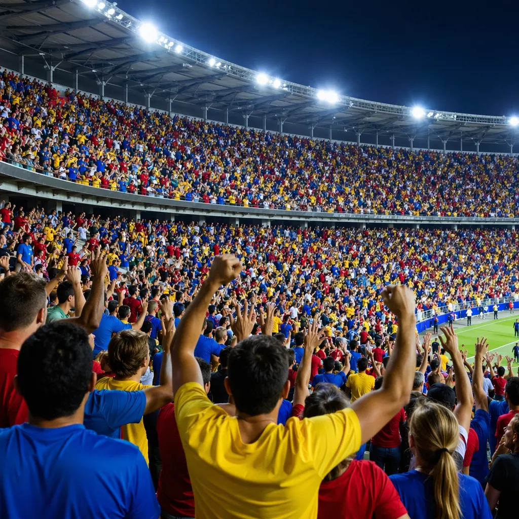 Wide shot of football stadium stands filled with cheering fans, mixed red, yello
