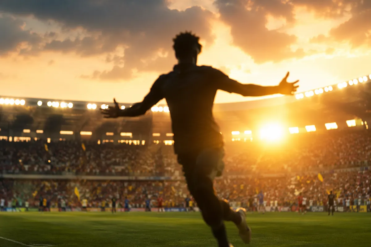 Professional soccer editorial header image, blurred silhouette of a tall center forward ce