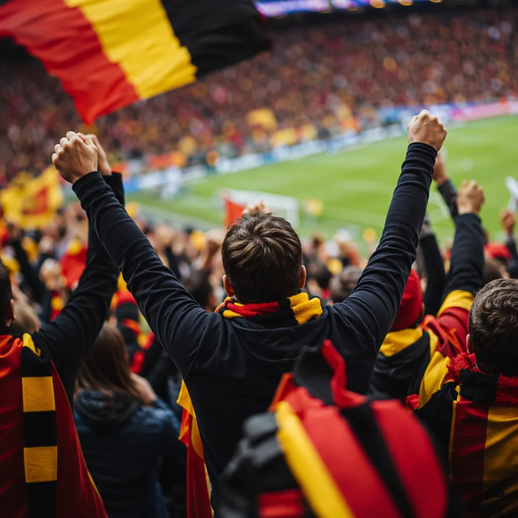Generic soccer fans wearing black red gold colored scarves cheering in a stadium