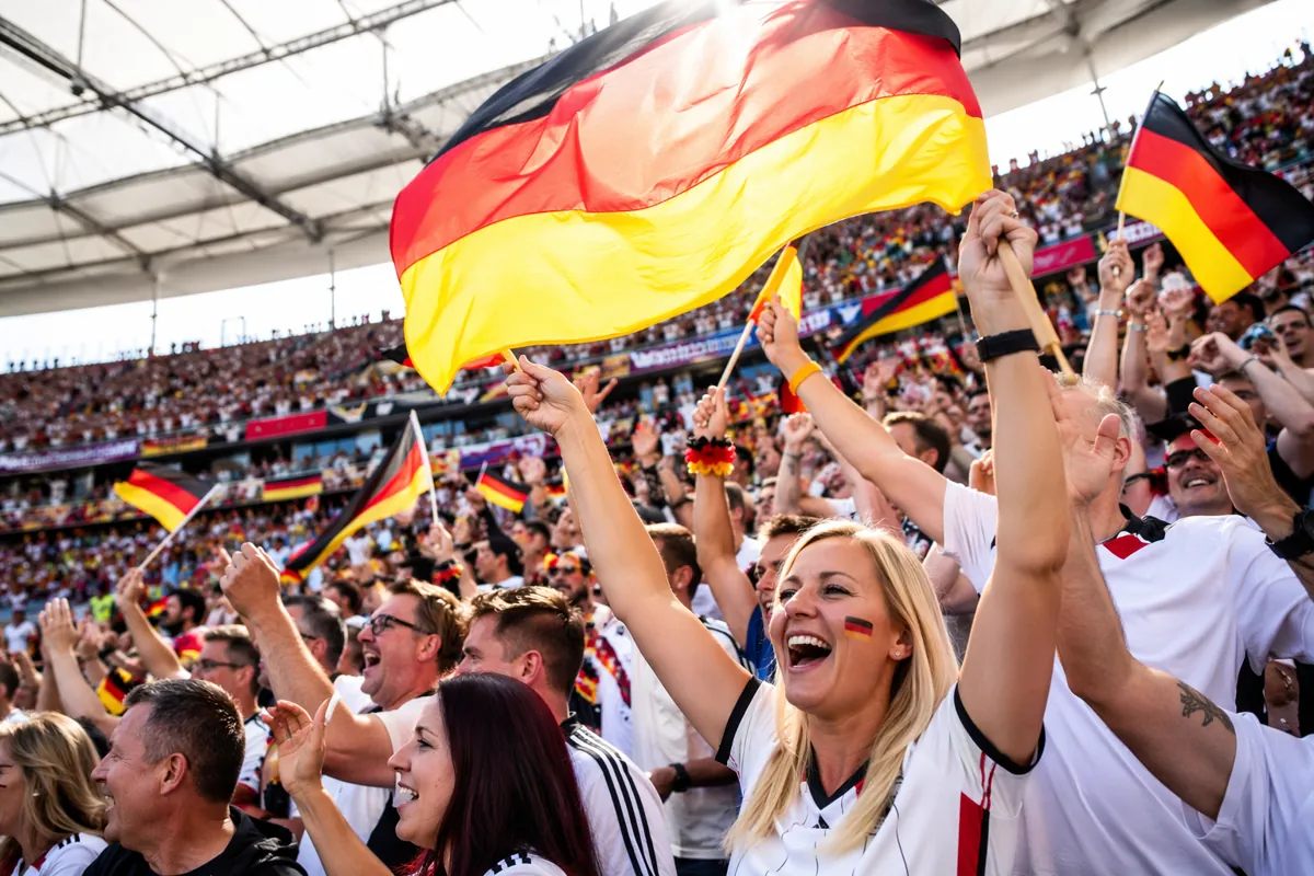German football fans waving black red gold national flags in a modern football stadium, br