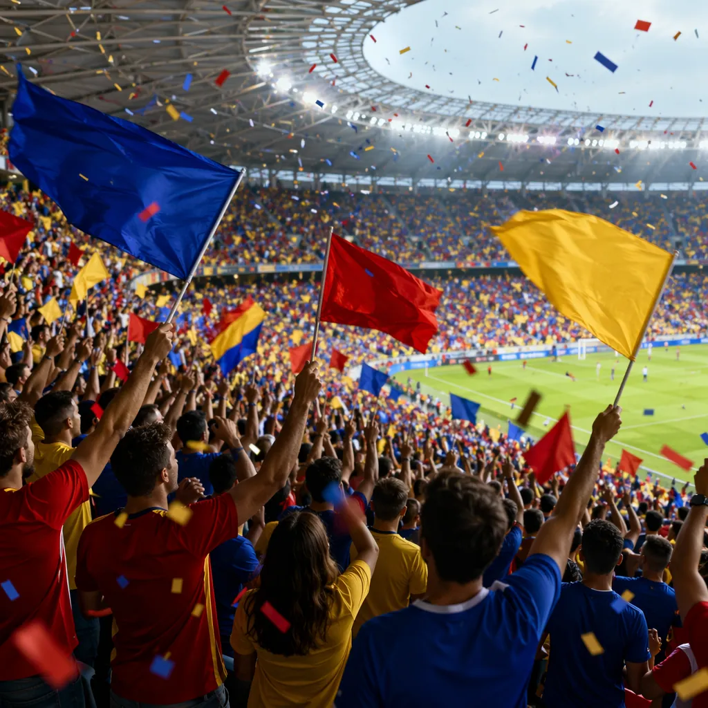 Wide shot of generic soccer fans wearing unbranded jerseys waving colorful flags