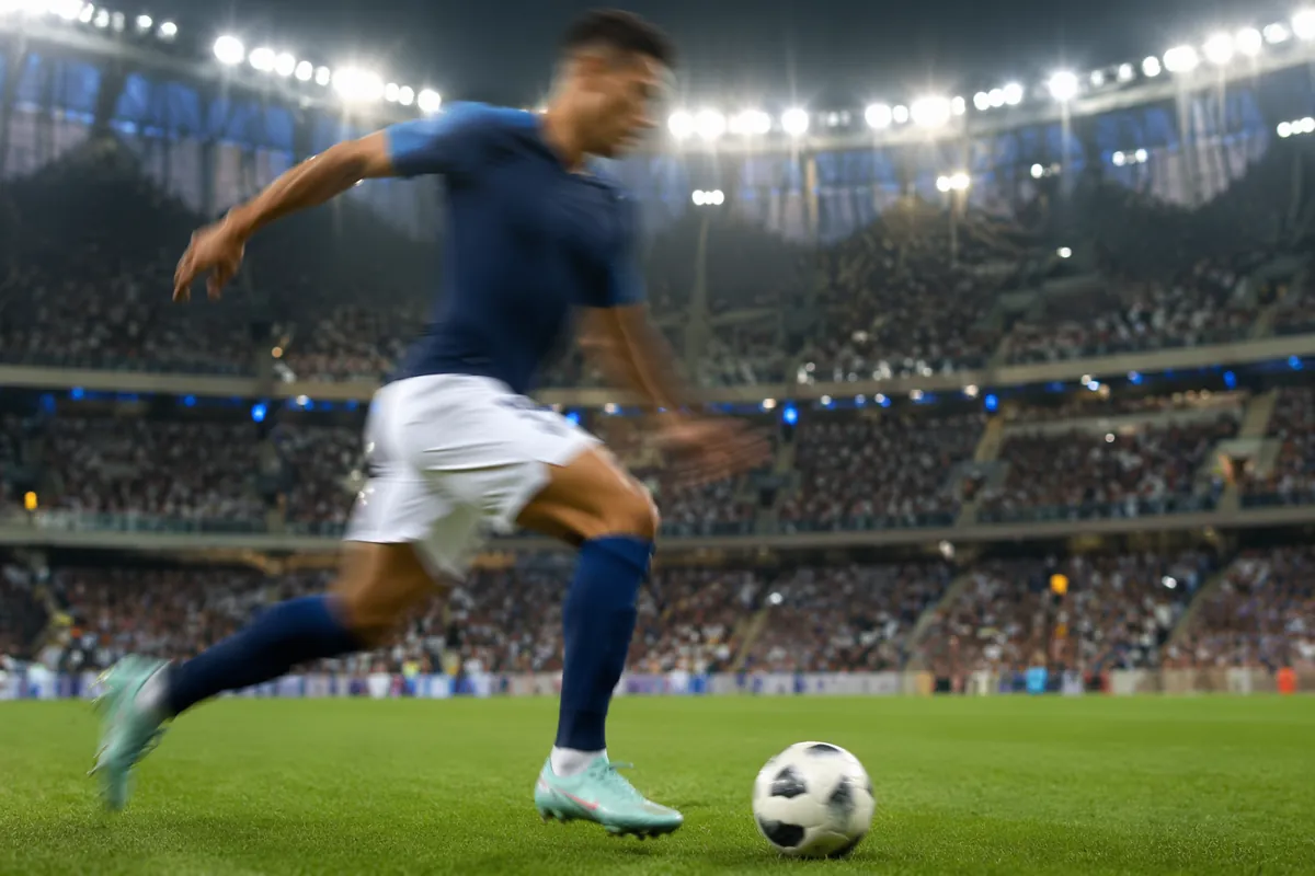 Professional editorial sports photography, blurred male football striker in running action
