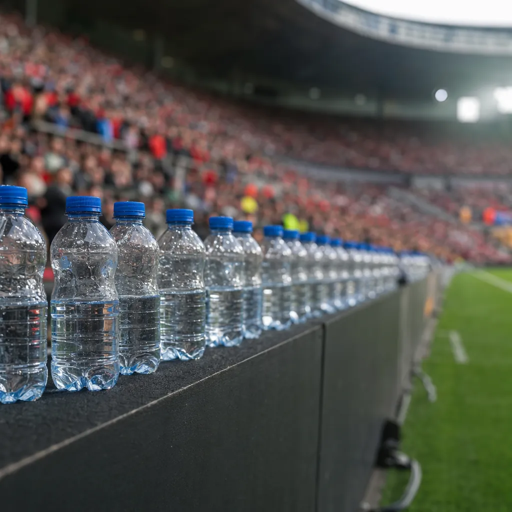 Football stadium sideline with rows of water bottles placed on the advertising h