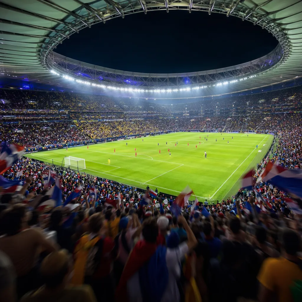 A wide shot of a modern football stadium during a World Cup match, with blurred