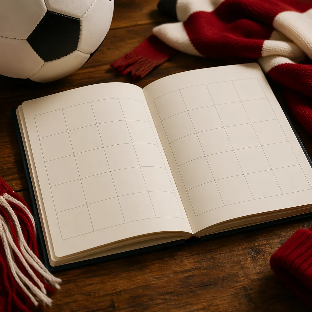 Close up of a blank match schedule calendar spread on a wooden table, with a cla