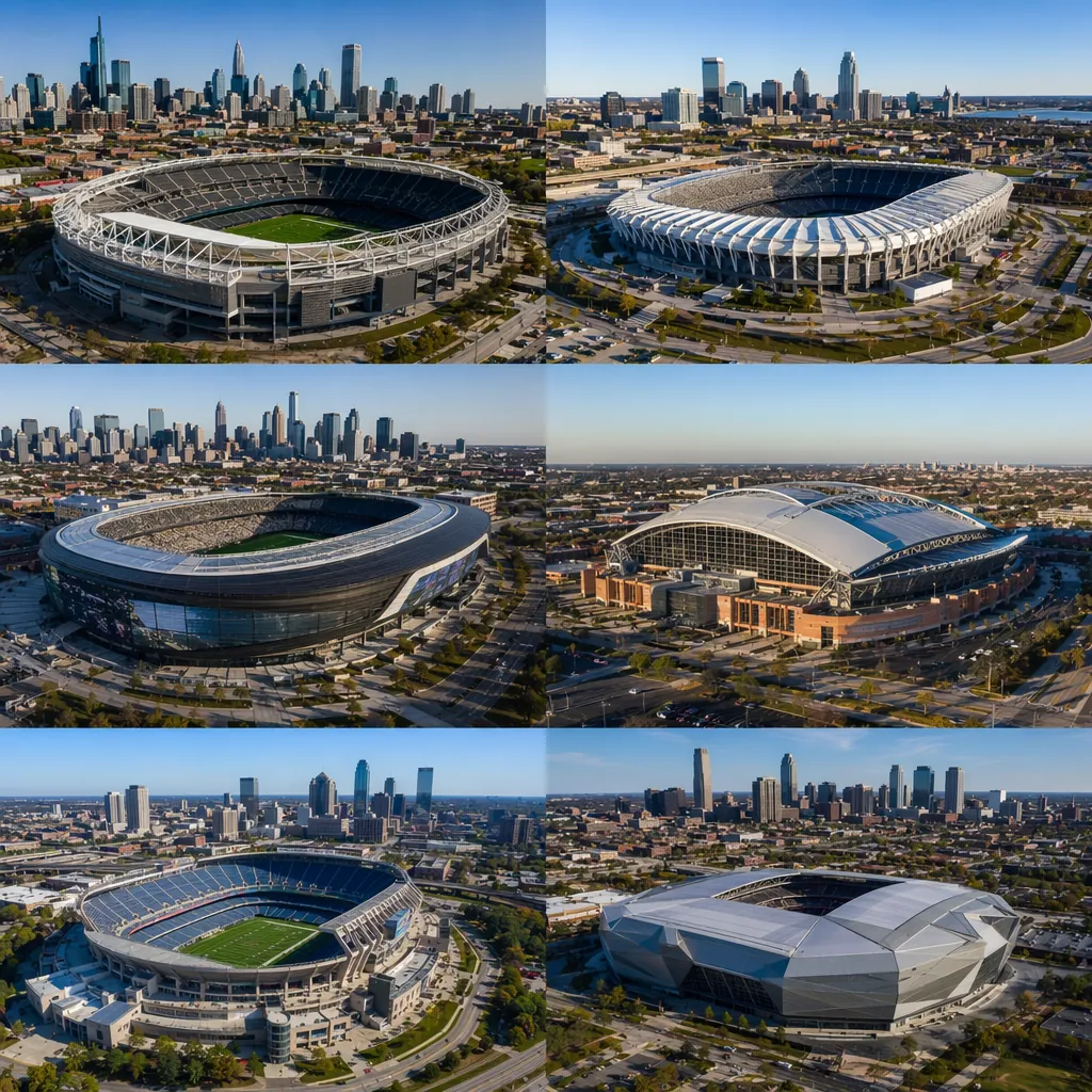 Aerial view of multiple modern football stadiums across different North American