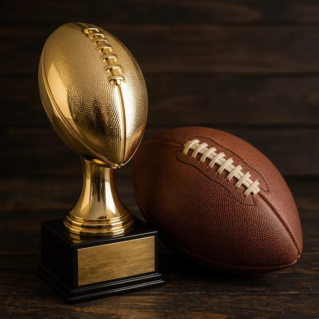 Close-up of a generic golden football trophy next to a traditional leather footb