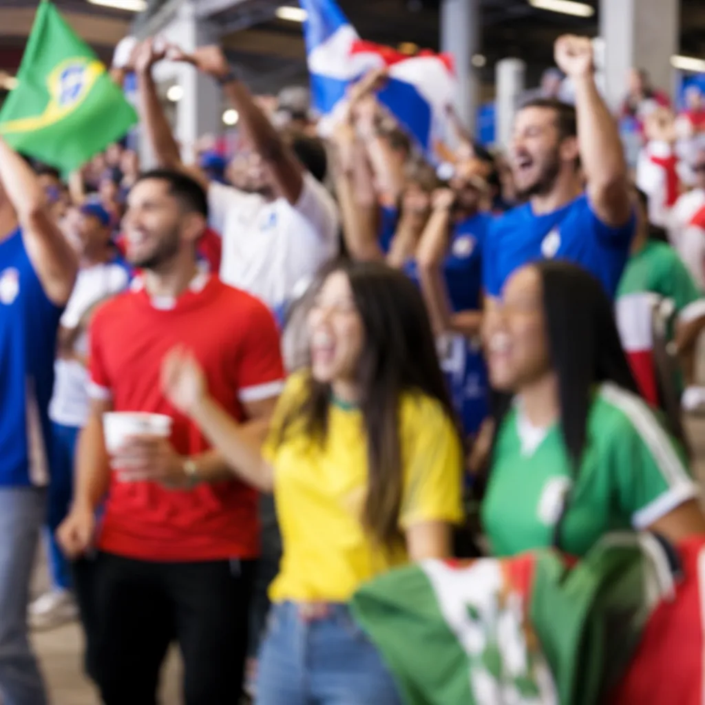 Blurred shot of diverse football fans wearing generic national team jerseys, hol