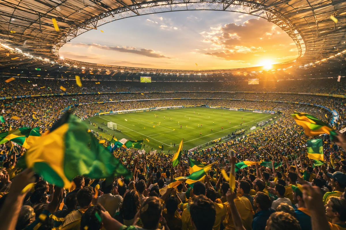 Wide shot of a vibrant generic football stadium filled with cheering fans, warm golden hou