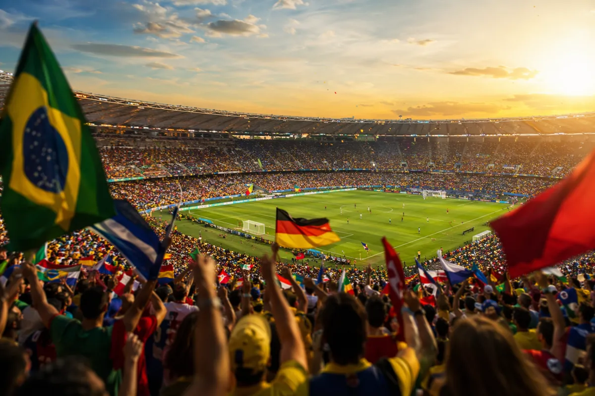 Wide shot of a vibrant World Cup stadium during golden hour, with colorful national flags
